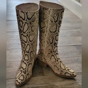 Freda Salvador Handcrafted Julia Snake Embossed Mid Shaft Boots Calfskin Leather