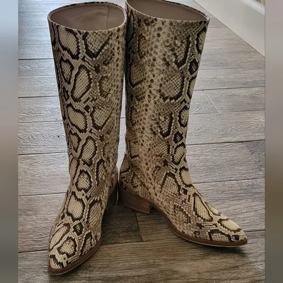 Freda Salvador Handcrafted Julia Snake Embossed Mid Shaft Boots Calfskin Leather