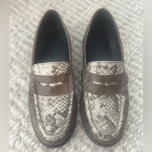 Freda Salvador Taupe Snakeskin Loafers with Snakeskin detail