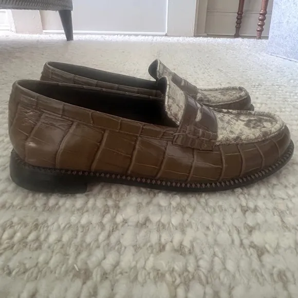 Freda Salvador Taupe Snakeskin Loafers with Snakeskin detail
