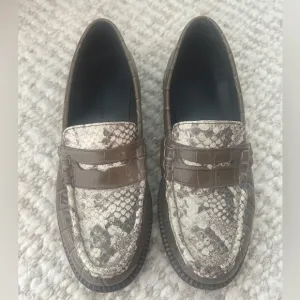 Freda Salvador Taupe Snakeskin Loafers with Snakeskin detail