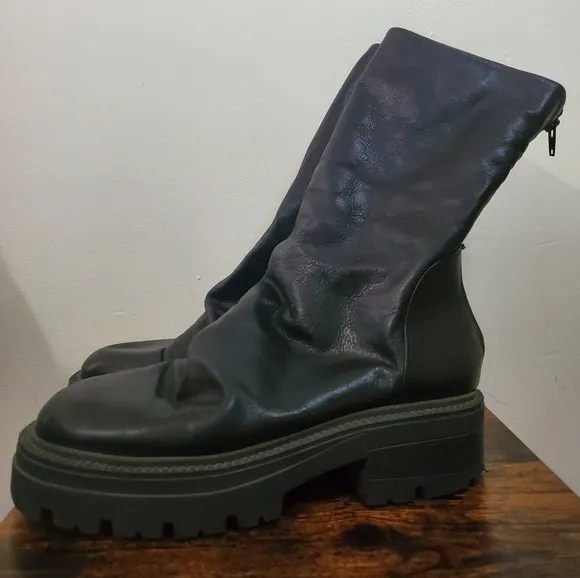 Free People Chunky Emma Platform Ruched Black Leather Boots Size 41