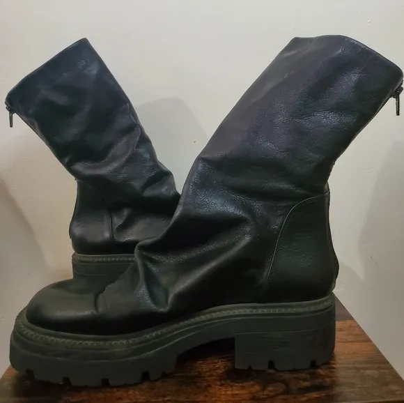 Free People Chunky Emma Platform Ruched Black Leather Boots Size 41