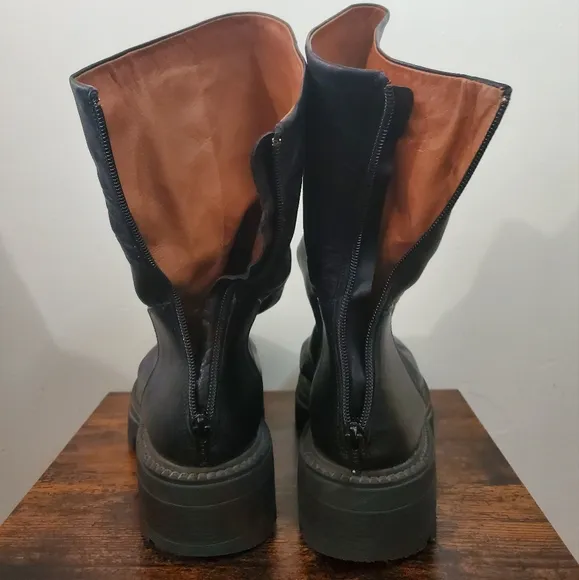 Free People Chunky Emma Platform Ruched Black Leather Boots Size 41