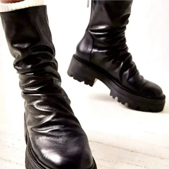Free People Chunky Emma Platform Ruched Black Leather Boots Size 41