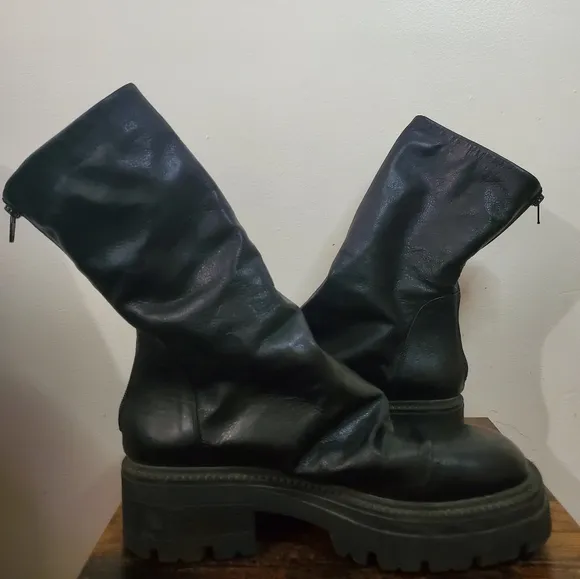 Free People Chunky Emma Platform Ruched Black Leather Boots Size 41