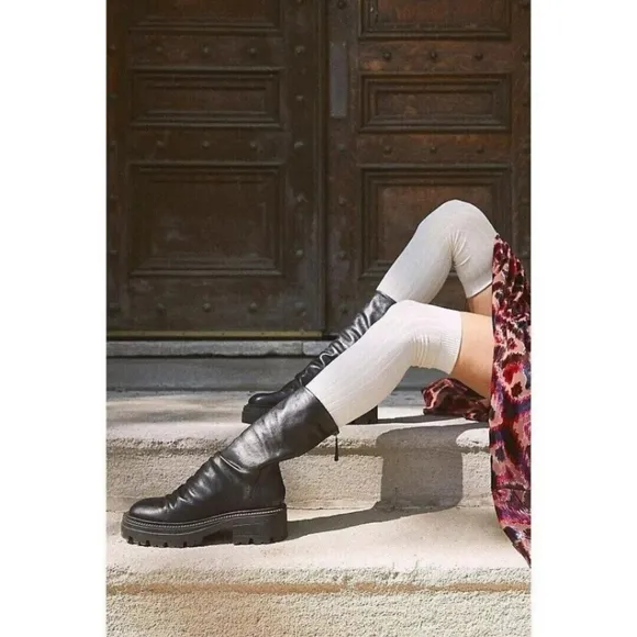 Free People Chunky Emma Platform Ruched Black Leather Boots Size 41