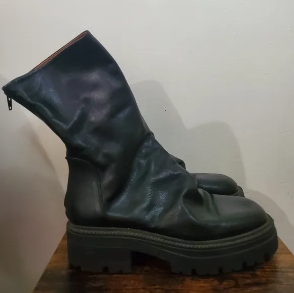 Free People Chunky Emma Platform Ruched Black Leather Boots Size 41
