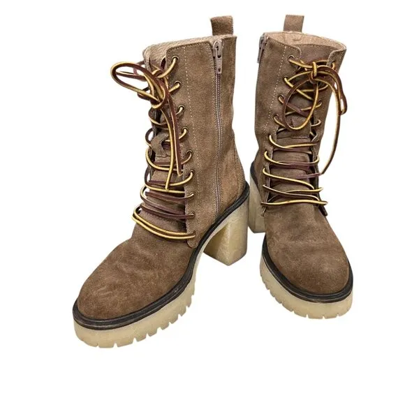 Free People Dylan Brown Suede Chunky Platform Lace Up Boots Size 6