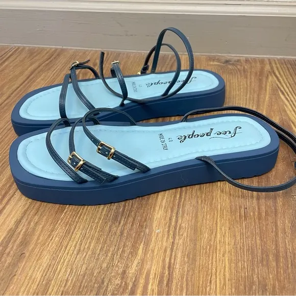 Free People Fionna Leather Strappy Platform Sandals Blue Size 40