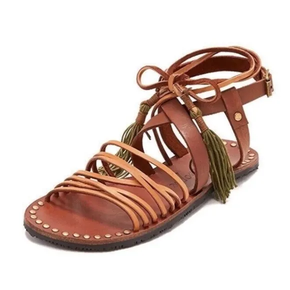 Free People Gladiator Sandals EU 38 (US 7.5) Brown Leather Lace-Up Tassel Flats
