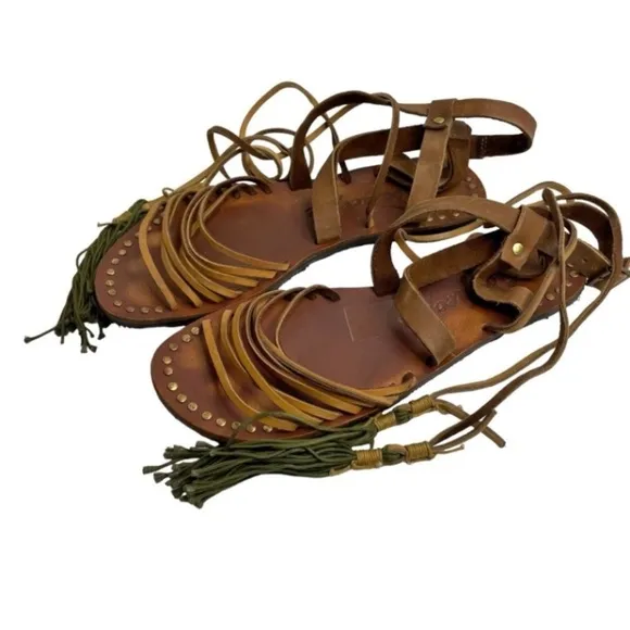 Free People Gladiator Sandals EU 38 (US 7.5) Brown Leather Lace-Up Tassel Flats
