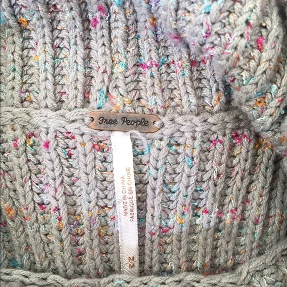 Free People Gray Chunky Crochet Knit Cowl Neck Rainbow Confetti Sweater M