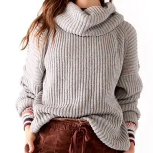 Free People Gray Chunky Crochet Knit Cowl Neck Rainbow Confetti Sweater M