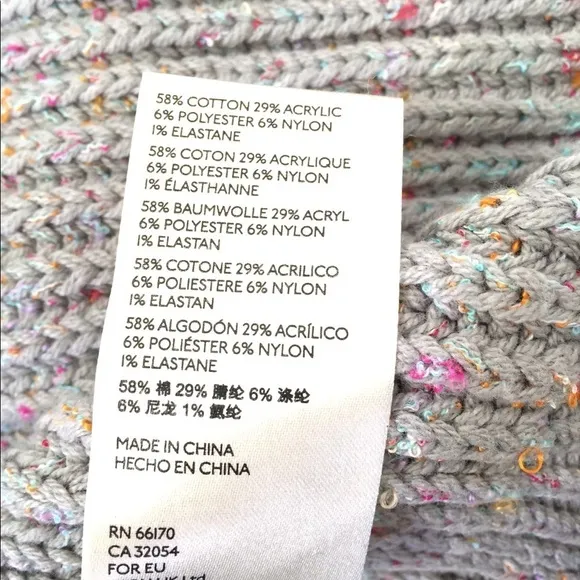 Free People Gray Chunky Crochet Knit Cowl Neck Rainbow Confetti Sweater M