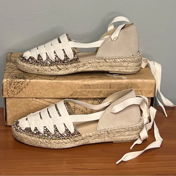 Free People Heat Wave Wrap Cream/Multi Glitter Flats Size 6.5 NIB