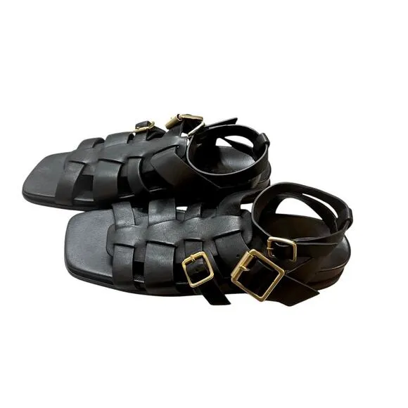Free People Hooked Fisherman Sandals Size 9 Black with Gold Buckles NEW