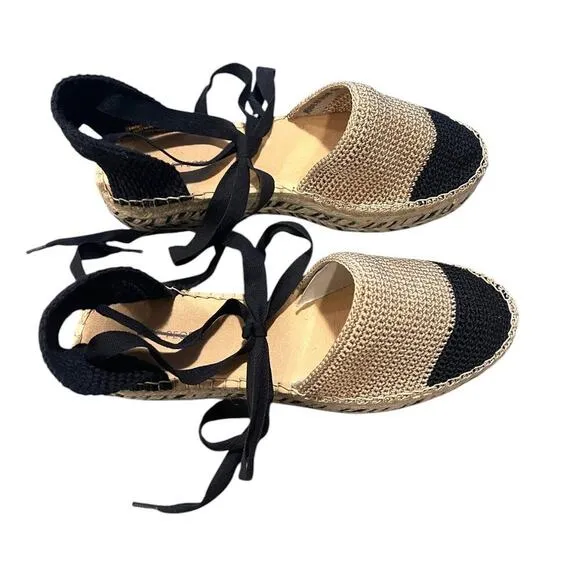 Free People Island Time Wrap Espadrilles Black Tan Crochet Size 40 / 9.5 US NEW