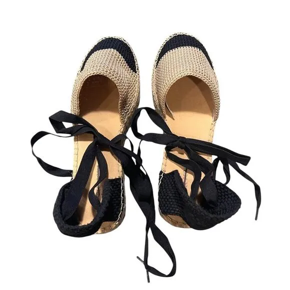 Free People Island Time Wrap Espadrilles Black Tan Crochet Size 40 / 9.5 US NEW