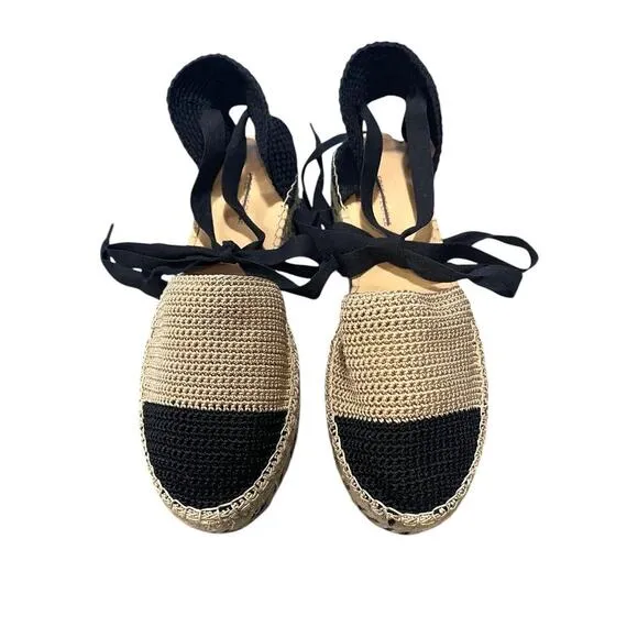 Free People Island Time Wrap Espadrilles Black Tan Crochet Size 40 / 9.5 US NEW