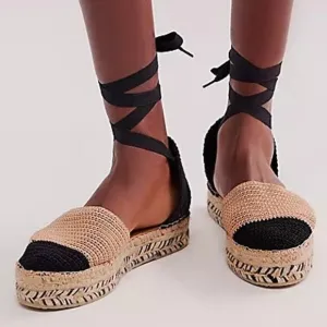 Free People Island Time Wrap Espadrilles Black Tan Crochet Size 40 / 9.5 US NEW