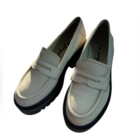 Free People Leather Chunky Decker Lug Sole Cream Penny Loafers