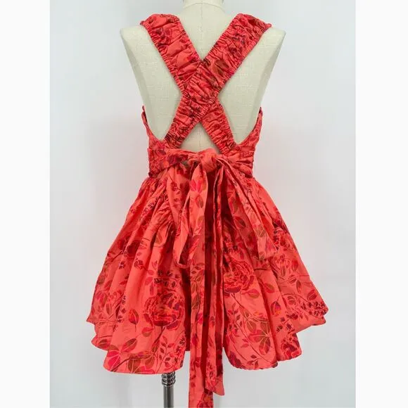 Free People Matilde Mini Dress Coral Combo, Sz Small, Romantic Boho Flirty Fun