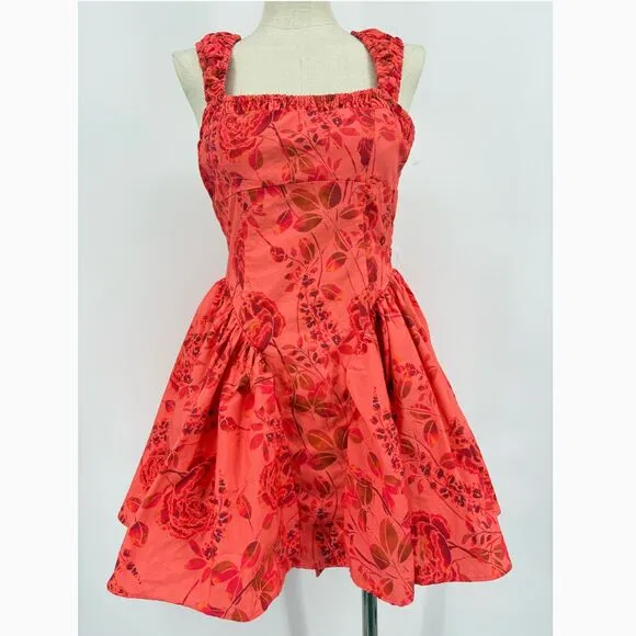 Free People Matilde Mini Dress Coral Combo, Sz Small, Romantic Boho Flirty Fun