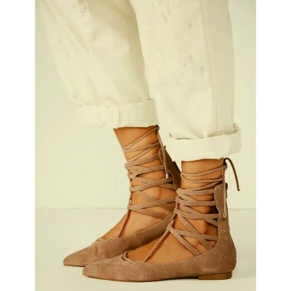 Free People Shay Lace-Up Flats Taupe Suede Leather Corset Strappy Distressed 6