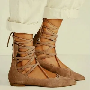 Free People Shay Lace-Up Flats Taupe Suede Leather Corset Strappy Distressed 6