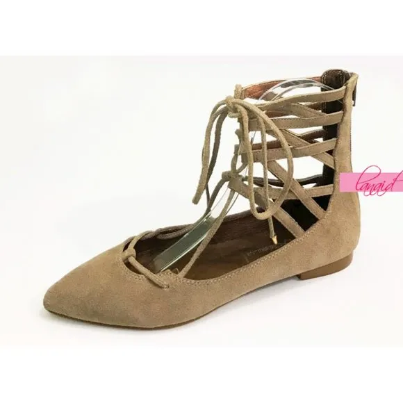Free People Shay Lace-Up Flats Taupe Suede Leather Corset Strappy Distressed 6