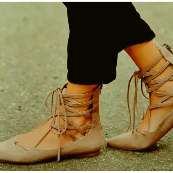 Free People Shay Lace-Up Flats Taupe Suede Leather Corset Strappy Distressed 6