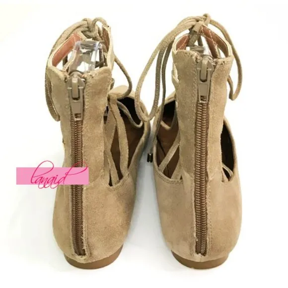 Free People Shay Lace-Up Flats Taupe Suede Leather Corset Strappy Distressed 6