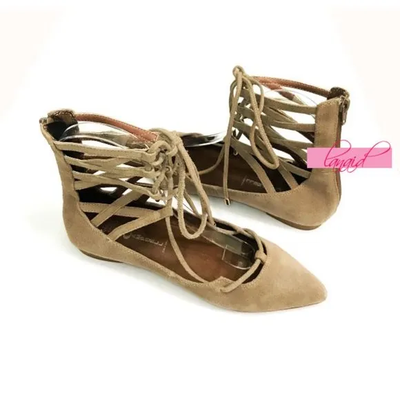 Free People Shay Lace-Up Flats Taupe Suede Leather Corset Strappy Distressed 6