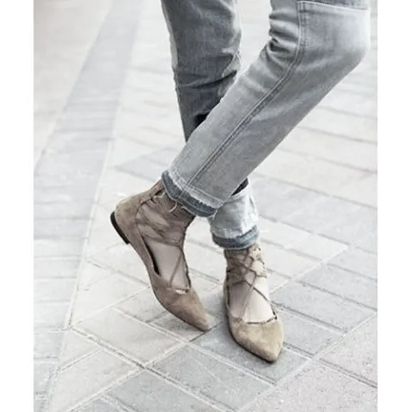 Free People Shay Lace-Up Flats Taupe Suede Leather Corset Strappy Distressed 6