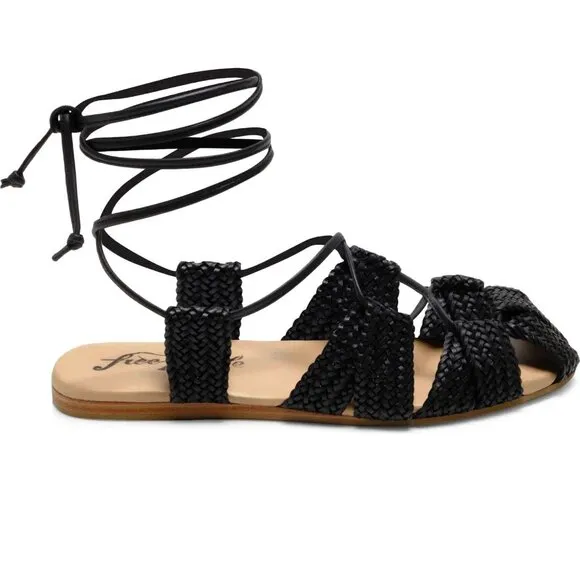 FREE PEOPLE Sunny Gilly Flats Wrap SANDALS Size 9 Black Woven Leather NEW $128