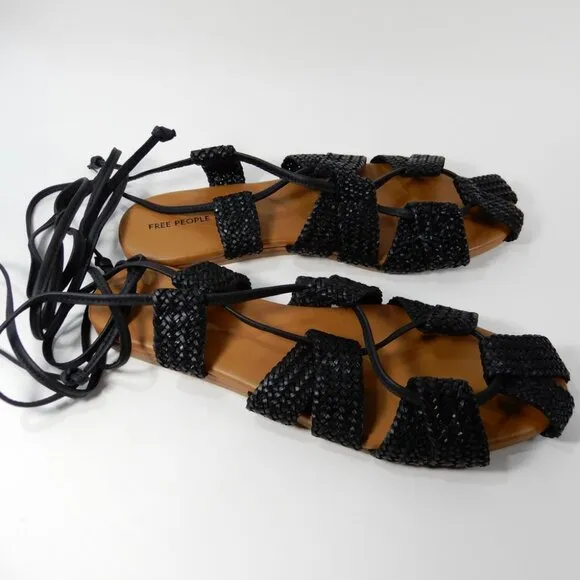 FREE PEOPLE Sunny Gilly Flats Wrap SANDALS Size 9 Black Woven Leather NEW $128