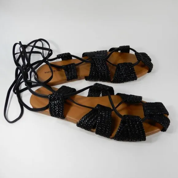 FREE PEOPLE Sunny Gilly Flats Wrap SANDALS Size 9 Black Woven Leather NEW $128