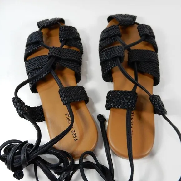 FREE PEOPLE Sunny Gilly Flats Wrap SANDALS Size 9 Black Woven Leather NEW $128