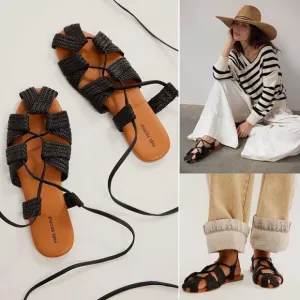 FREE PEOPLE Sunny Gilly Flats Wrap SANDALS Size 9 Black Woven Leather NEW $128