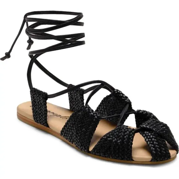 FREE PEOPLE Sunny Gilly Flats Wrap SANDALS Size 9 Black Woven Leather NEW $128