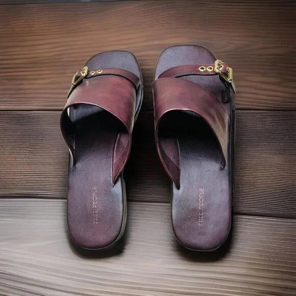 Free People Sz 7.5 Mila Leather Minimal Quiet Lux Flat Sandal in Coconut Shell