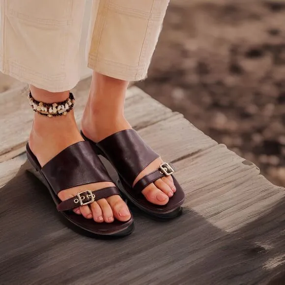 Free People Sz 7.5 Mila Leather Minimal Quiet Lux Flat Sandal in Coconut Shell