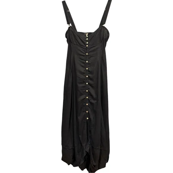 Free People What a Breeze Black Linen Button Down Flowy Boho Midi Dress Medium