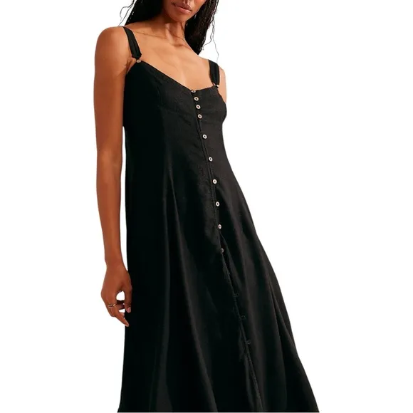 Free People What a Breeze Black Linen Button Down Flowy Boho Midi Dress Medium
