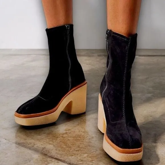 Free People Gigi Ankle Bootie 7 / 37.5 Black Suede Leather Square Toe Platform