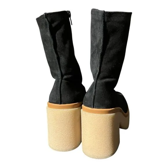 Free People Gigi Ankle Bootie 7 / 37.5 Black Suede Leather Square Toe Platform