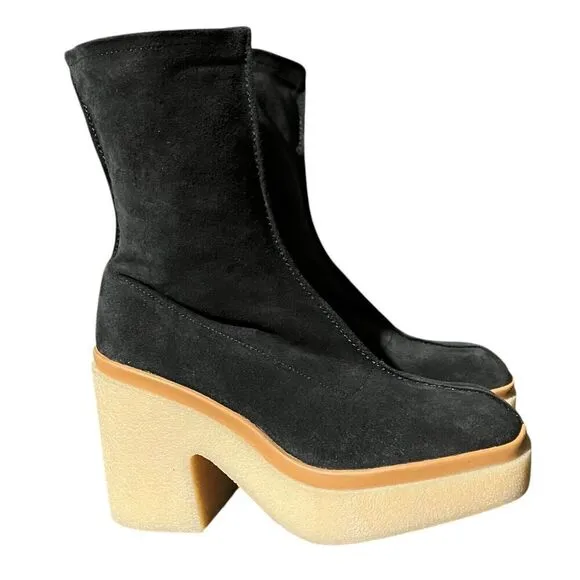 Free People Gigi Ankle Bootie 7 / 37.5 Black Suede Leather Square Toe Platform