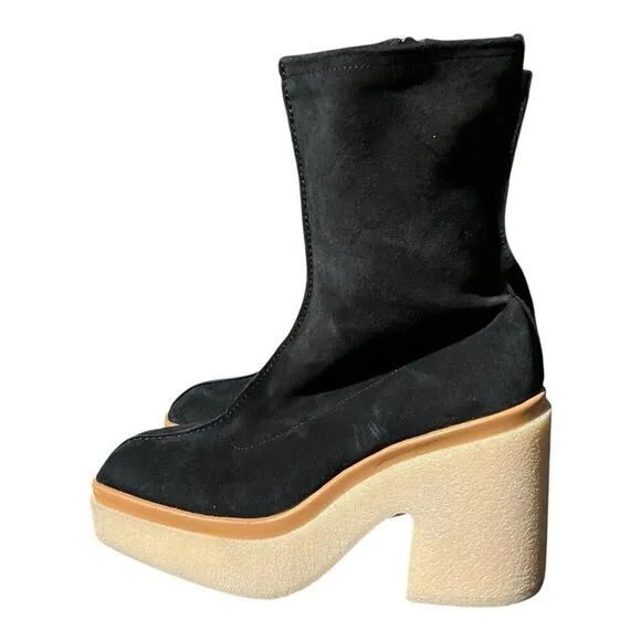 Free People Gigi Ankle Bootie 7 / 37.5 Black Suede Leather Square Toe Platform