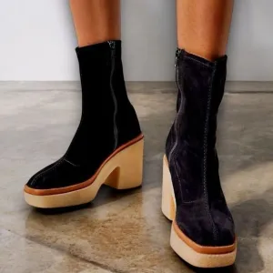 Free People Gigi Ankle Bootie 7 / 37.5 Black Suede Leather Square Toe Platform